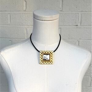 Chico’s Gold Tone Statement Pendant Necklace Dark Leather Cord Geometric